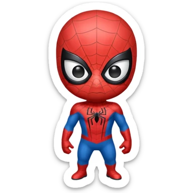 A cute caricature Spider-Man emoji, chibi style, oversized head and tiny body, big expressive white eyes, simplified red and blue suit, thick black outlines, glossy cartoon shading, friendly playful expression, clean vector style, centered face, emoji-sized, transparent background sticker