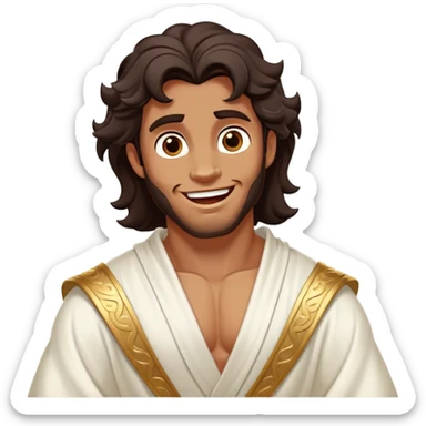 Cinematic Realistic Hercules Portrait, head tilted dramatically with an exaggeratedly amused expression, featuring expressive eyes and a hint of a roguish smile. His bronze, marble-like skin and thick, wavy dark hair, rendered with classical artistry, complement his flowing white robe adorned with delicate golden accents, all brought to life with dynamic natural lighting that captures a rare, playful moment from an enduring legend. sticker