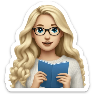Blonde balayage long hair white women sweater blue eyes and small glasses holding note pad sticker
