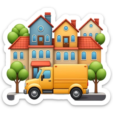 apple style emoji of a truck, package, house, and company building connected by street lines, harmonious composition, clear background sticker