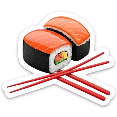 Japanese cuisine humanless avatar in minimalist emoji-style illustration. Sushi, roll and 2 chopsticks, clean lines, red white colors, flat design, calm and modern. sticker