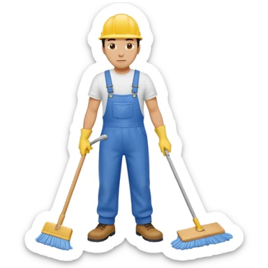 Custodian with yellow rubber gloves, white T-shirt, blue overalls, mopping floor sticker