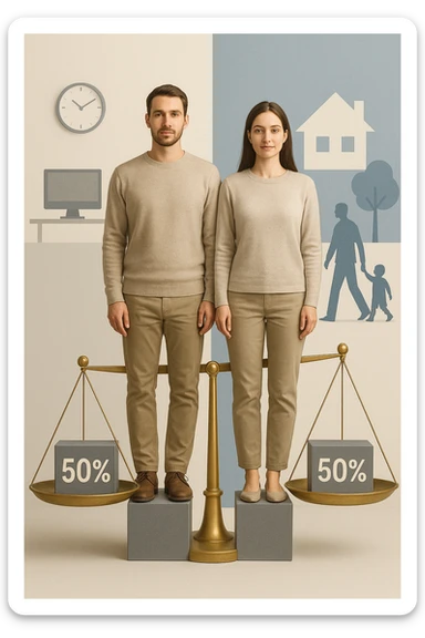Uomo e donna in piedi l’uno accanto all’altra, al centro di una bilancia perfettamente in equilibrio. Entrambi vestiti in modo simile (moderno e neutro), con espressioni serene e rispettose. Sotto i loro piedi, due blocchi con scritto '50%' ciascuno. Sullo sfondo, elementi divisi simmetricamente: lavoro, famiglia, tempo libero, rappresentati equamente da entrambi. Atmosfera armoniosa, illuminazione equilibrata, colori neutri e simbolici (bianco, grigio, blu e oro). Stile realistico con accento simbolico sul concetto di equità sticker