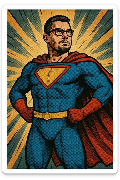 man with short hair, goatee, and glasses as a superhero, hands on hips, colorful suit, mask, heroic stance, classic comic book style sticker