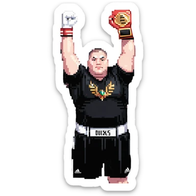 white man with dark hair, dark eyes, buzzcut faded haircut, overweight 100kg boxer, chubby face, stocky build, wearing full black clothes, black adidas boxing gloves, victory pose with arms raised, holding championship belt, upper body only no legs visible, highly pixelated sticker