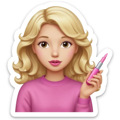 A long curled blonde haired girl with a pink sweater and holding a lip gloss sticker