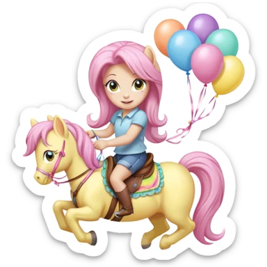 fluttershy mlp holding colorful balloons tied to its saddle, looking cheerful. sticker