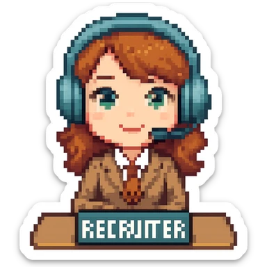 Create an 8-bit pixel art style emoji of a cute female recruiter sitting at a table wearing a headset. Combine elements from the two reference images into one cohesive emoji. The background should be removed, leaving only the subject. sticker