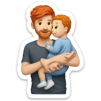 red haired man with baby sticker