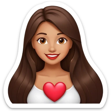 tanned beautiful girl smile with pump lips and brunette straight long hair showing heart sticker