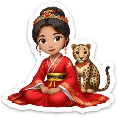 A beautiful girl in red Hanfu wedding dress sits on the ground holding a black leopard sticker