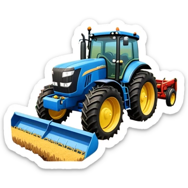 An icon representing a Farming Simulator 22, with a detailed tractor, plowing fields under a bright sky with a colorful rural landscape. The design includes farming tools, crops and barns, symbolizing the immersive experience of managing a farm. Transparent background. sticker
