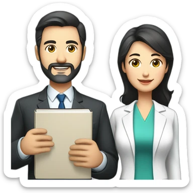 husband classic middle aged executive dark hair thin beard wearing business suit holding bible, with wife asian age 55 dark hair wearing nurse uniform sticker