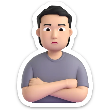 Asian man in a gray shirt with a frown sticker