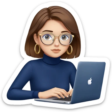 Girl with brown hair, navy blue turtleneck, gold hoop earrings, blue light glasses, working on laptop sticker