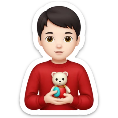 dark haired red wearing kid with small toy sticker
