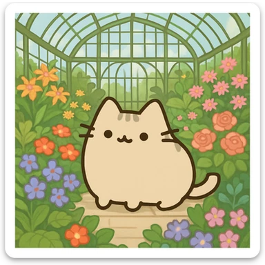 beige blonde pusheen-style kitten in a botanical garden greenhouse filled with flowers sticker