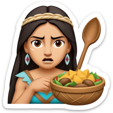 Cinematic Funny Pocahontas Portrait Emoji, Looking bewildered as Meeko steals her food, one brow raised in playful frustration, a warrior princess caught in a hilariously relatable moment, wild yet endearing! sticker