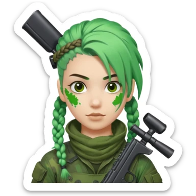 paintball player with geared face boy braided green hair sticker