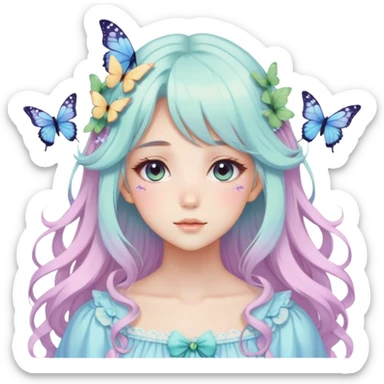 gorgeous anime pastel lady with butterflies and beautiful hair fairycore cottagecore sticker