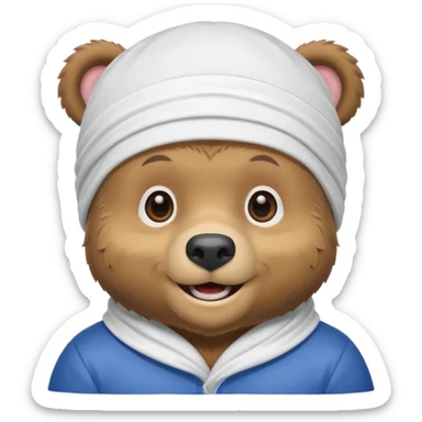 cute Russian grizzly bear wearing a white durag, with a smile sticker