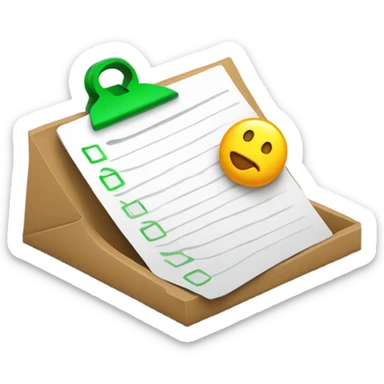 Design a simple emoji-style icon that represents a catalog of items in stock. It should include a clipboard or checklist symbol, with a shopping bag or box, and use bright, inviting colors like green to signify availability. sticker