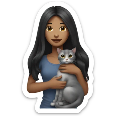 A girl with long black hair is holding a gray cat sticker