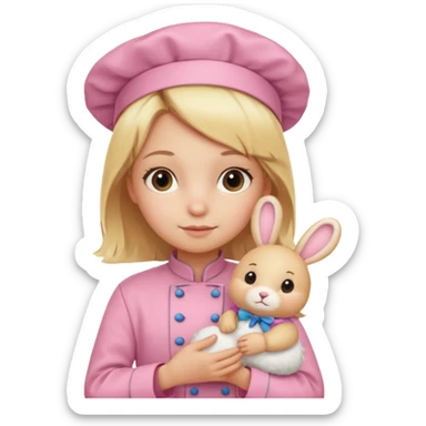 girl kid italian chef, blonde,  pink uniform, holding plush rabbit sticker