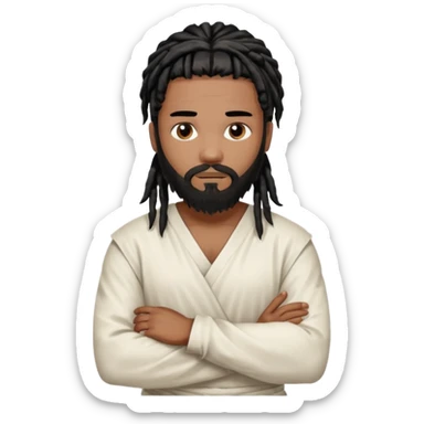 African American man with shoulder length black dreadlocks with black beard wearing a white blood stained white tunic with arms folded together across chesttunic sticker
