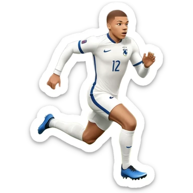 An icon showing Kylian Mbappé running with the ball on a football field during a match. The design captures his speed and focus, with dynamic motion lines and a vibrant background of the field and stadium lights. Transparent background emphasizes the action. sticker
