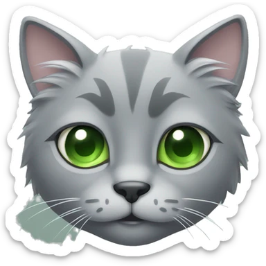 Fluffy grey cats head with green eyes sticker