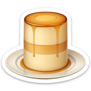 tall cylindrical flan dessert with smooth slightly translucent beige gelée texture on a round white plate resembling a tower sticker