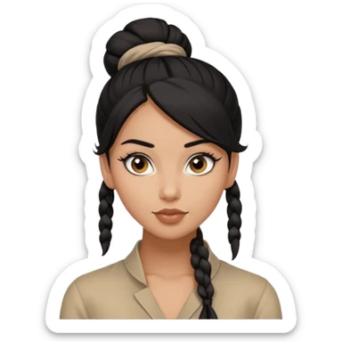 A woman in tan skin, black hair shoulder length tied in half bun, beautiful eyes and flirty gaze with masculine fashion sticker