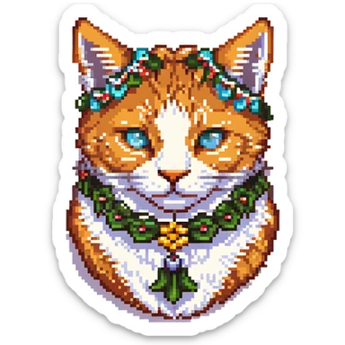 head of a ginger cat with a garland on the ears, pixel art sticker