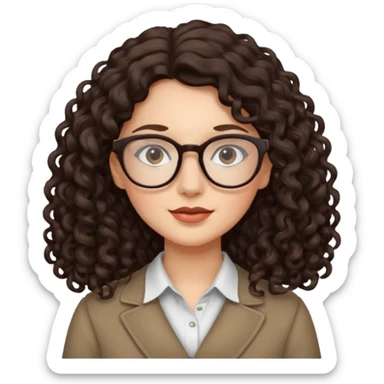 lady with glasses, long dark brown curly hair, neutral expression sticker