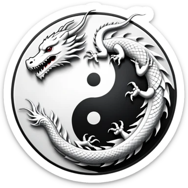 An icon symbolizing Eastern martial arts in the style of an emblem, featuring a black-and-white Yin-Yang symbol and a dragon at the center, surrounded by elements like a dojo. Transparent background highlights balance and power. sticker