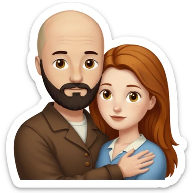 Couple. Bald man with dark brown-black beard. White woman with many small, faded freckles, she has white skin and she has auburn-yellow-brown-cinnamon, dark long hair. She has light brown eyes. The man have hazel eyes. Retro style. They hug. sticker