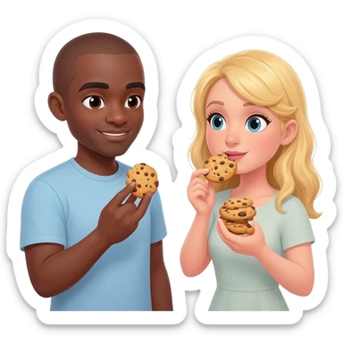 Black man with shaved head eating cookies with blonde woman sticker