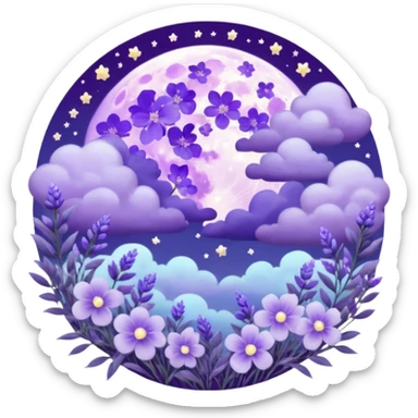 Beautiful poetic ethereal romantic magical aesthetic sparkly glittery shiny pretty floating pastel lilac lavender Violet full moon and flowers and leaves aesthetic pastel clouds scenery  sticker