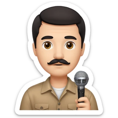 portrait of a man with mustache and short hair, emotional eyes, holding a microphone, simple and clear, no background, Apple emoji style sticker