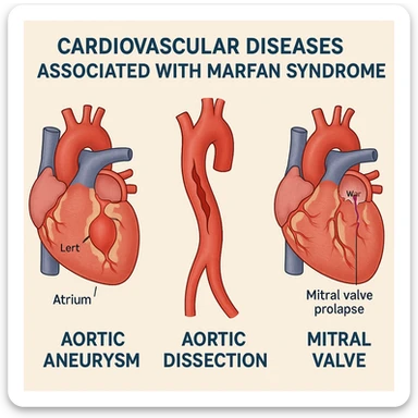 educational graphic showing cardiovascular diseases associated with Marfan syndrome, including aortic aneurysm, aortic dissection, and mitral valve prolapse, with labeled illustrations of the heart and aorta, clear and informative style, suitable for general public audience sticker