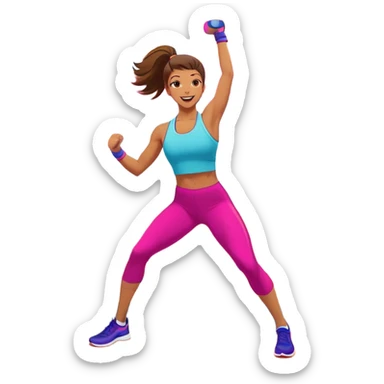 An energetic person performing an aerobics workout in a brightly lit gym, jumping and stretching with enthusiasm. The scene includes vibrant fitness equipment like dumbbells and exercise mats, with a background of cheerful, motivating colors, conveying energy and movement. sticker