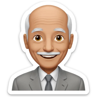 70 yr old man, almost bald, some white hair, pakistani, light grey business suit, big smile, dark brown skin, no moustache
 sticker