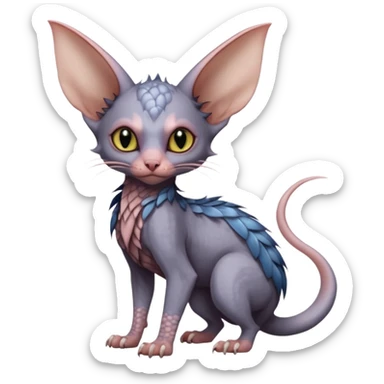 Furry, fluffy feathery scaly, Minccino-Sphynx-Lykoi-Bat-fusion-hybrid-animal-Fakémon-creature, full body, thin long sleek scaly tail, intricate markings sticker