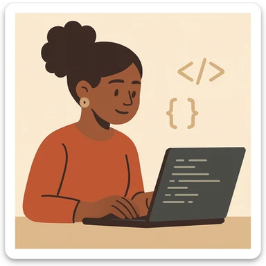flat toon style black woman coding with simple background sticker