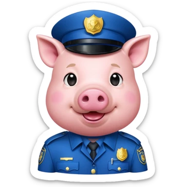 a pig, upright, in a police officer uniform, drooling and looking to the bottom left sticker