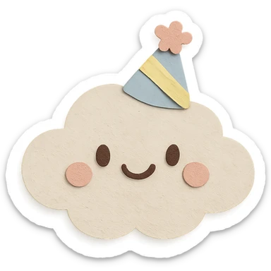 kawaii cute cloud, party hat, smiling, soft pastel palette, no arms or legs, full body, paper craft style sticker