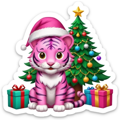 Smiling Pink tiger with Santa sitting by a brightly lit colorful Christmas tree with gifts 🎁  sticker