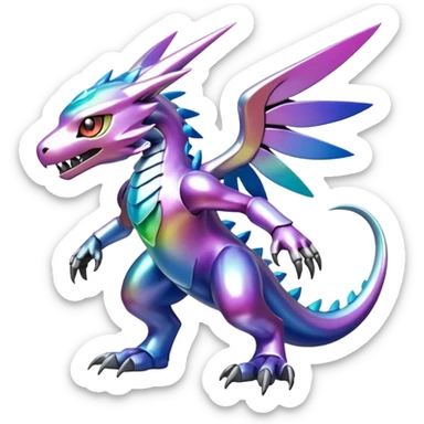 white iridescent colorful metallic alloy gradient shiny glossy Fakémon-Digimon-creature-hybrid (full body) sticker