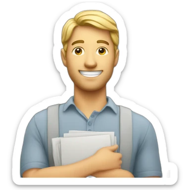 A smiling man holding a gray apartment building in his hand sticker